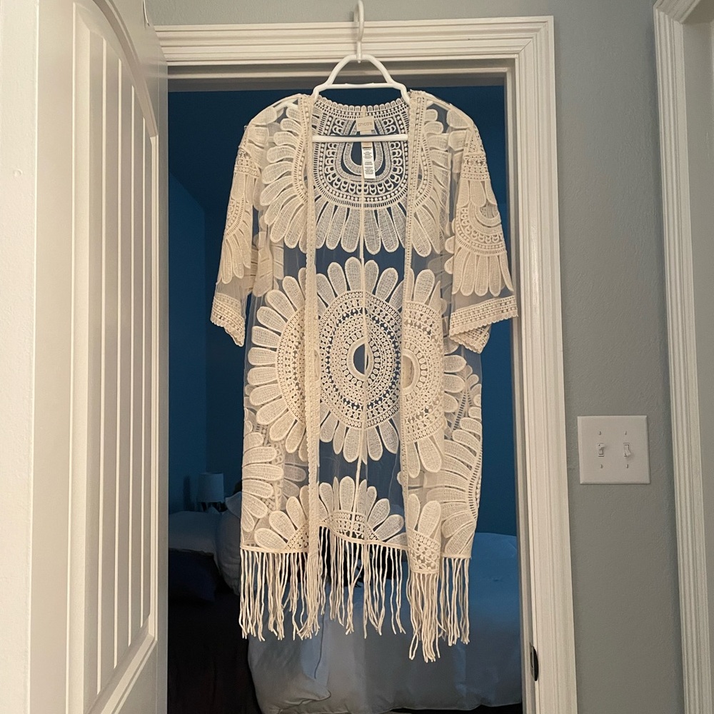 Chicos beige laced crochet long jacket